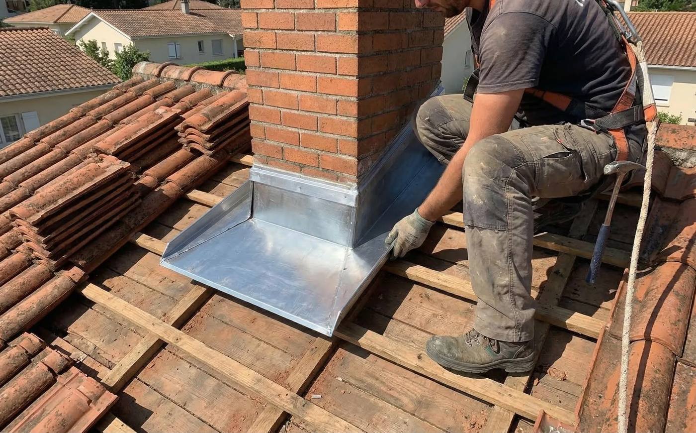 Réalisation d'un solin en zinc autour d'une souche de cheminée